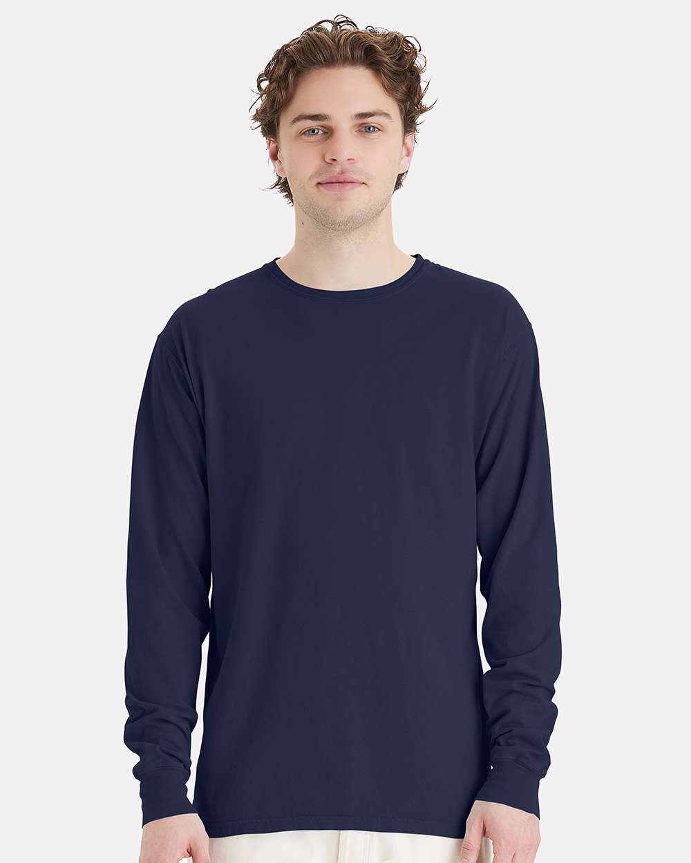 Unisex Garment-Dyed Long Sleeve T-Shirt - OnModelFront - B35300653 - Navy