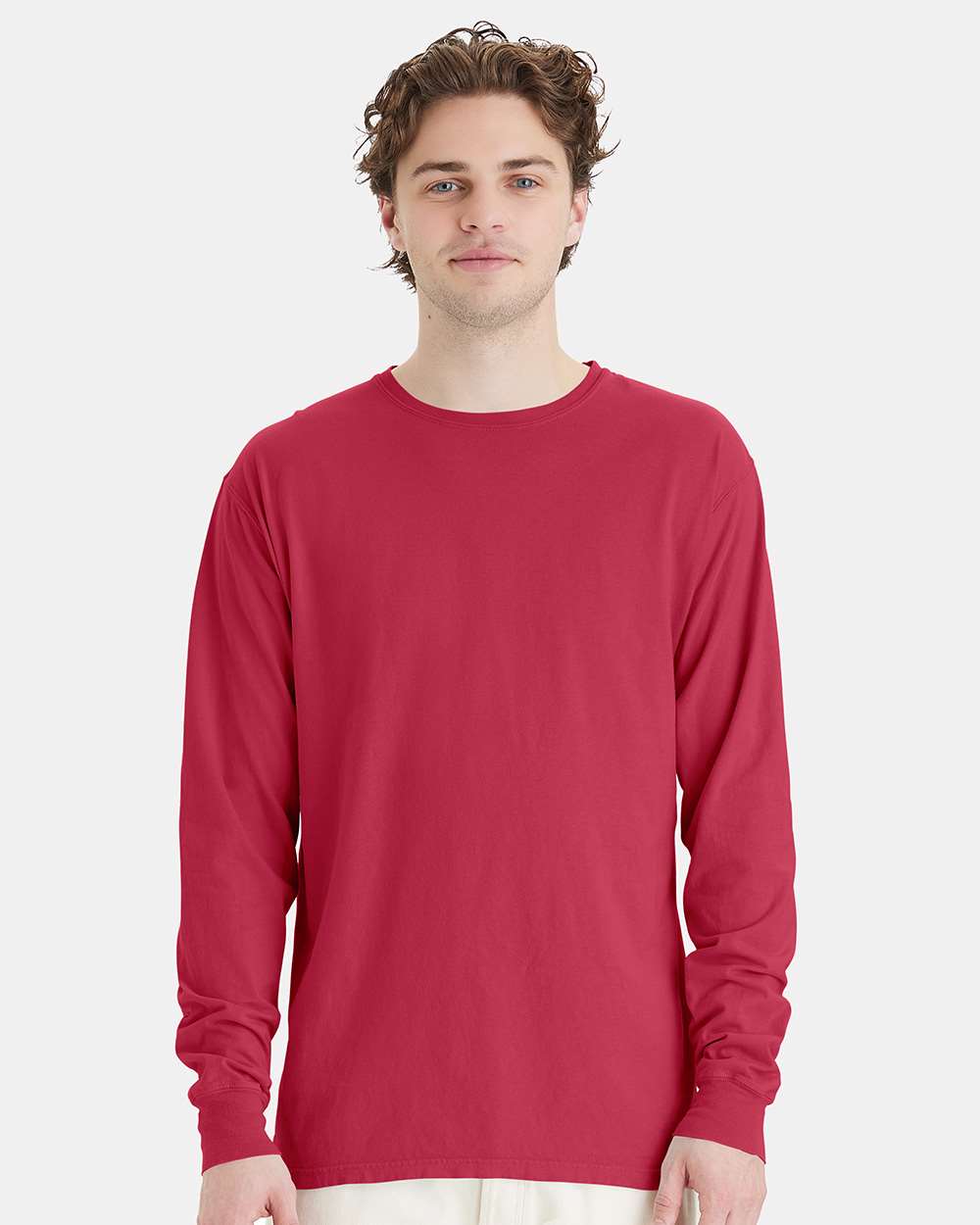 Unisex Garment-Dyed Long Sleeve T-Shirt - OnModelFront - B35300703 - Crimson Fall