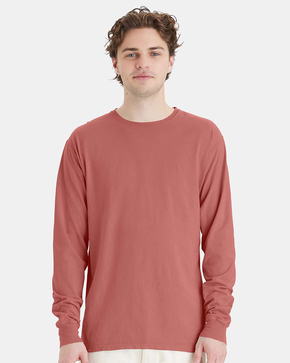 Unisex Garment-Dyed Long Sleeve T-Shirt - OnModelFront - B35300713 - Nantucket Red