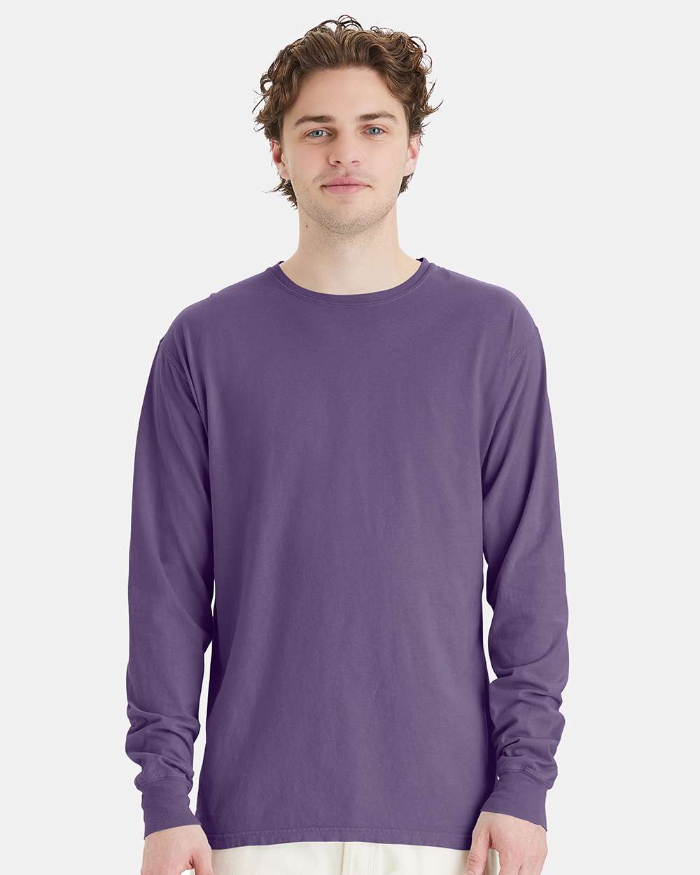 Unisex Garment-Dyed Long Sleeve T-Shirt - OnModelFront - B35300723 - Grape Soda