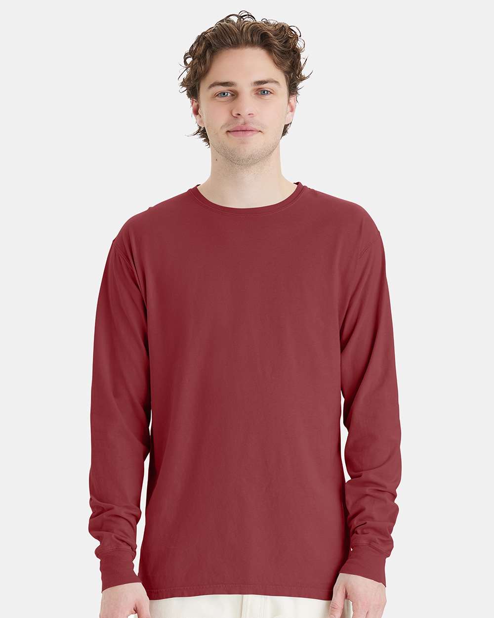 Unisex Garment-Dyed Long Sleeve T-Shirt - OnModelFront - B35300733 - Cayenne