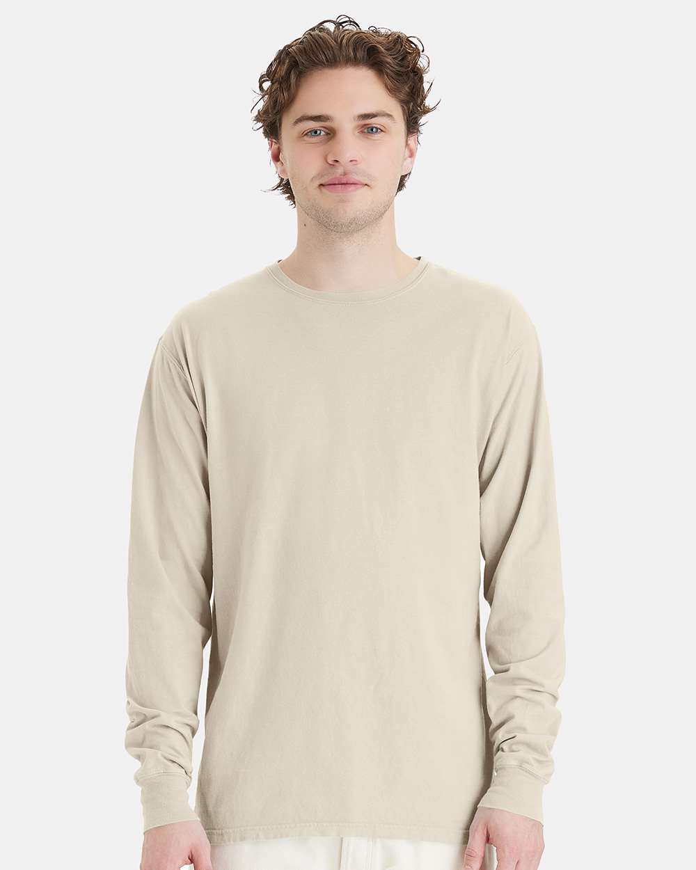 Unisex Garment-Dyed Long Sleeve T-Shirt - OnModelFront - B35300763 - Parchment