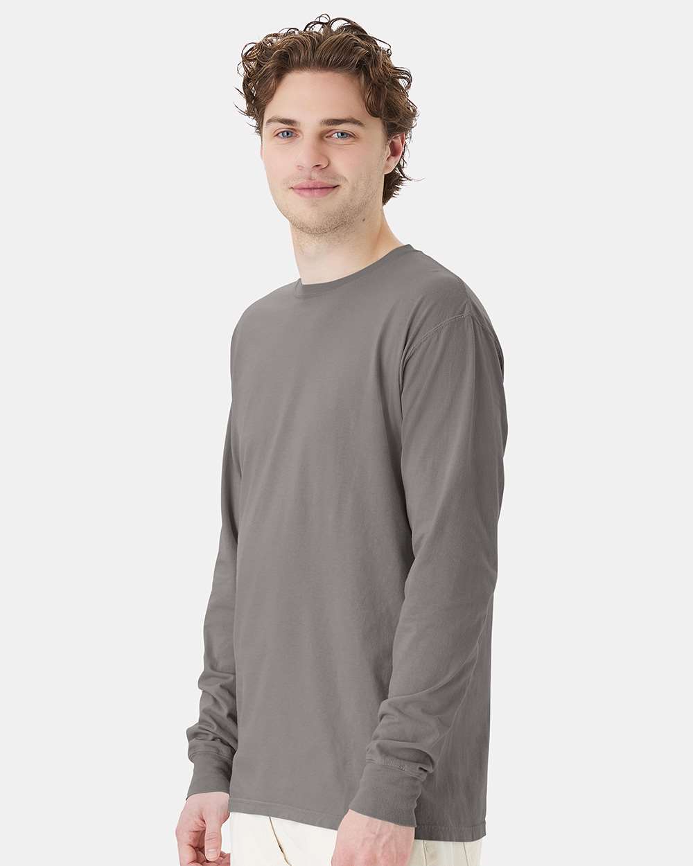 Unisex Garment-Dyed Long Sleeve T-Shirt - OnModelSide - B35300133 - Concrete Grey