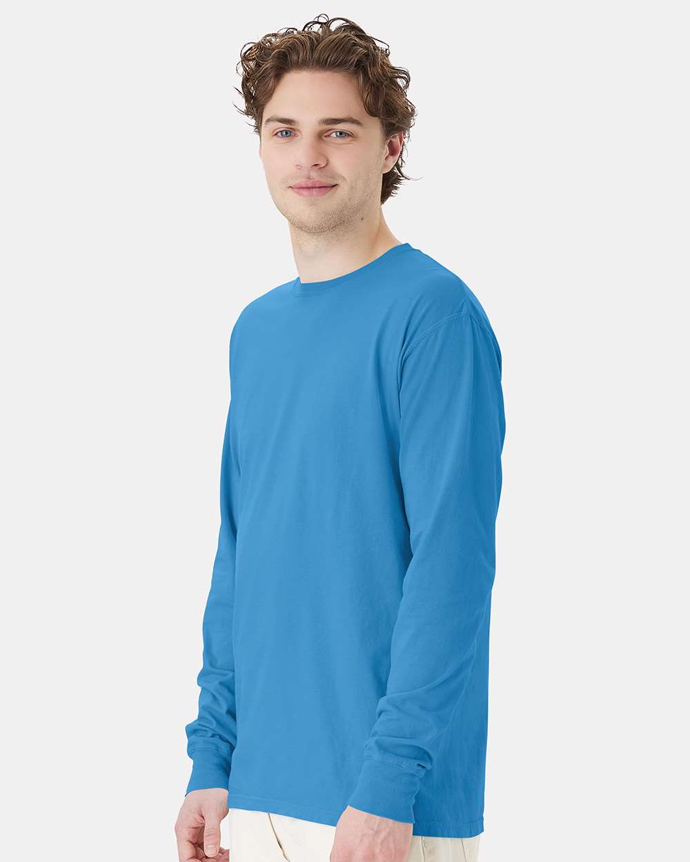 Unisex Garment-Dyed Long Sleeve T-Shirt - OnModelSide - B35300253 - Summer Sky Blue
