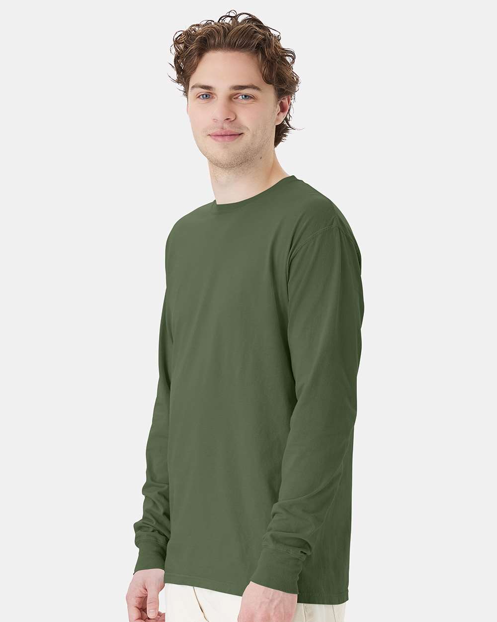 Unisex Garment-Dyed Long Sleeve T-Shirt - OnModelSide - B35300623 - Moss