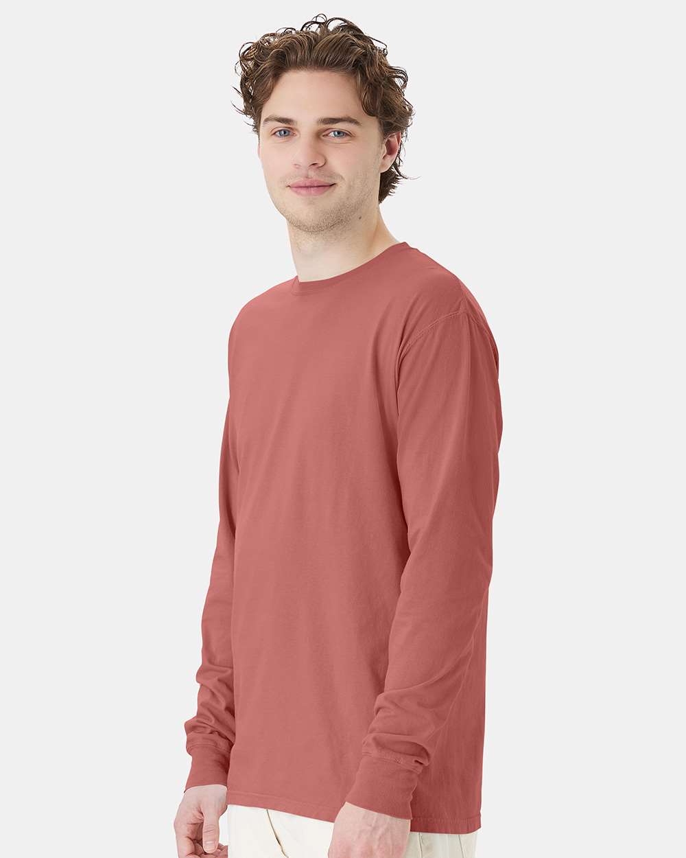 Unisex Garment-Dyed Long Sleeve T-Shirt - OnModelSide - B35300713 - Nantucket Red