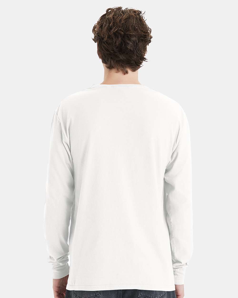 Unisex Garment-Dyed Long Sleeve T-Shirt With a Pocket - OnModelBack - B35400003 - White