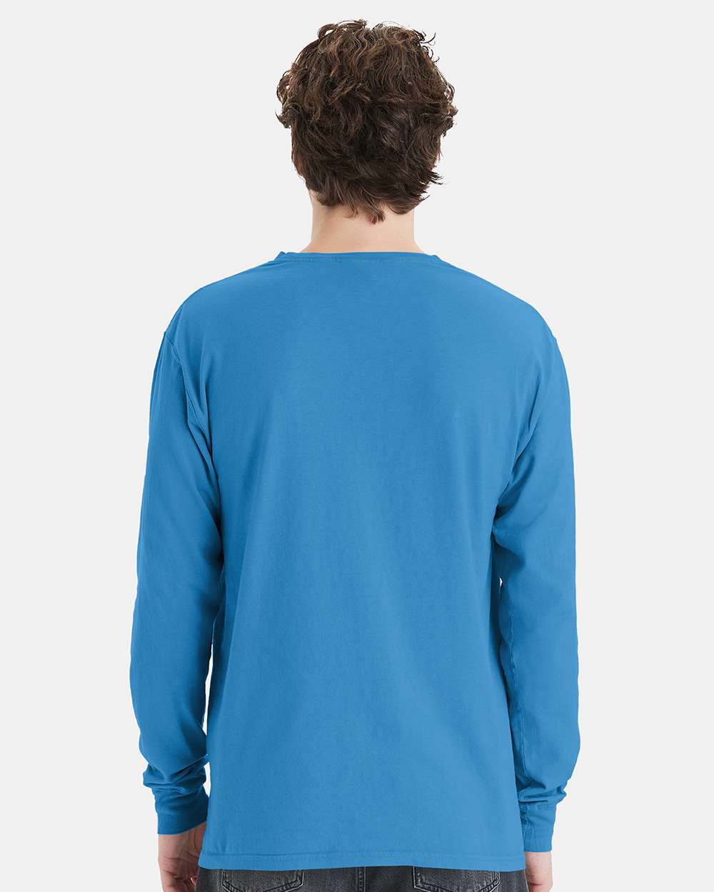 Unisex Garment-Dyed Long Sleeve T-Shirt With a Pocket - OnModelBack - B35400253 - Summer Sky Blue