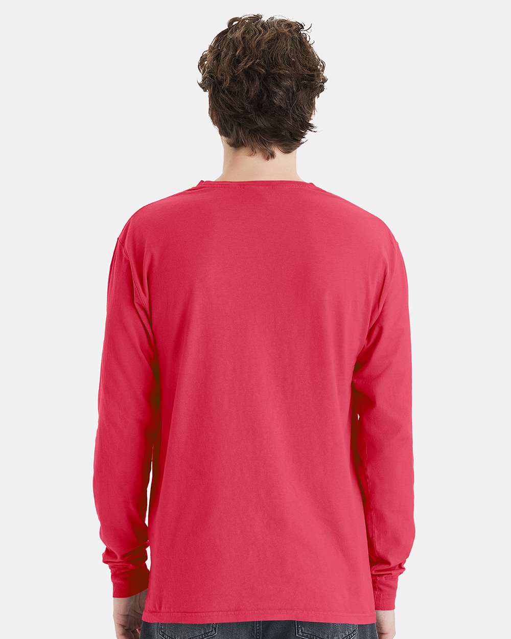 Unisex Garment-Dyed Long Sleeve T-Shirt With a Pocket - OnModelBack - B35400703 - Crimson Fall