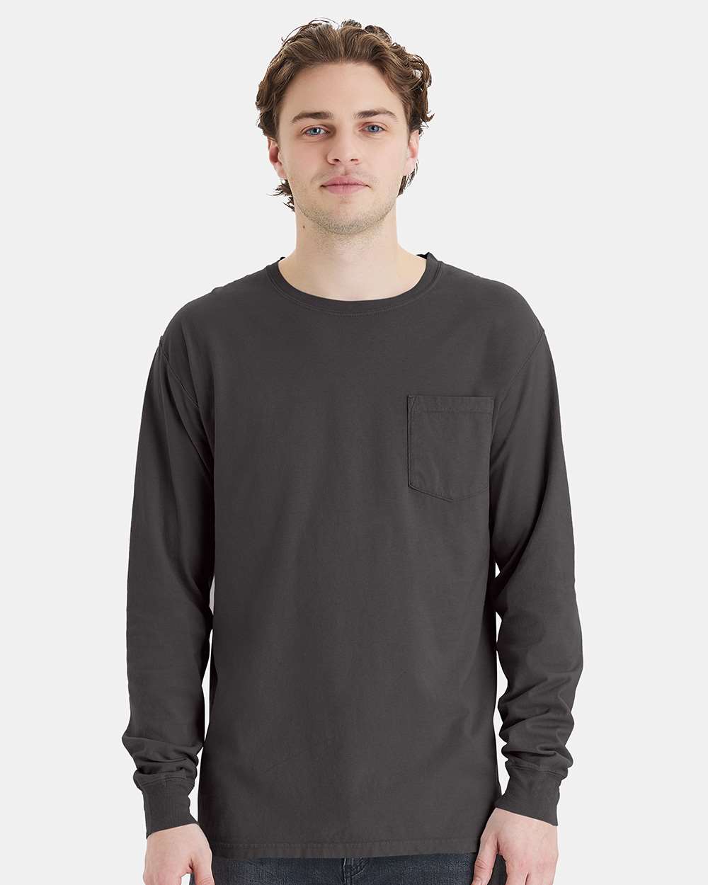 Unisex Garment-Dyed Long Sleeve T-Shirt With a Pocket - OnModelFront - B35400093 - New Railroad Grey