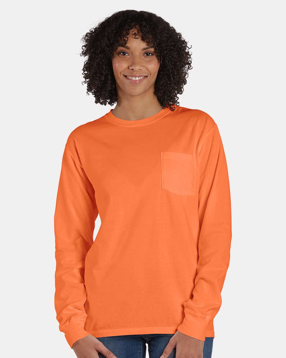 Unisex Garment-Dyed Long Sleeve T-Shirt With a Pocket - OnModelFront - B35400183 - Horizon Orange