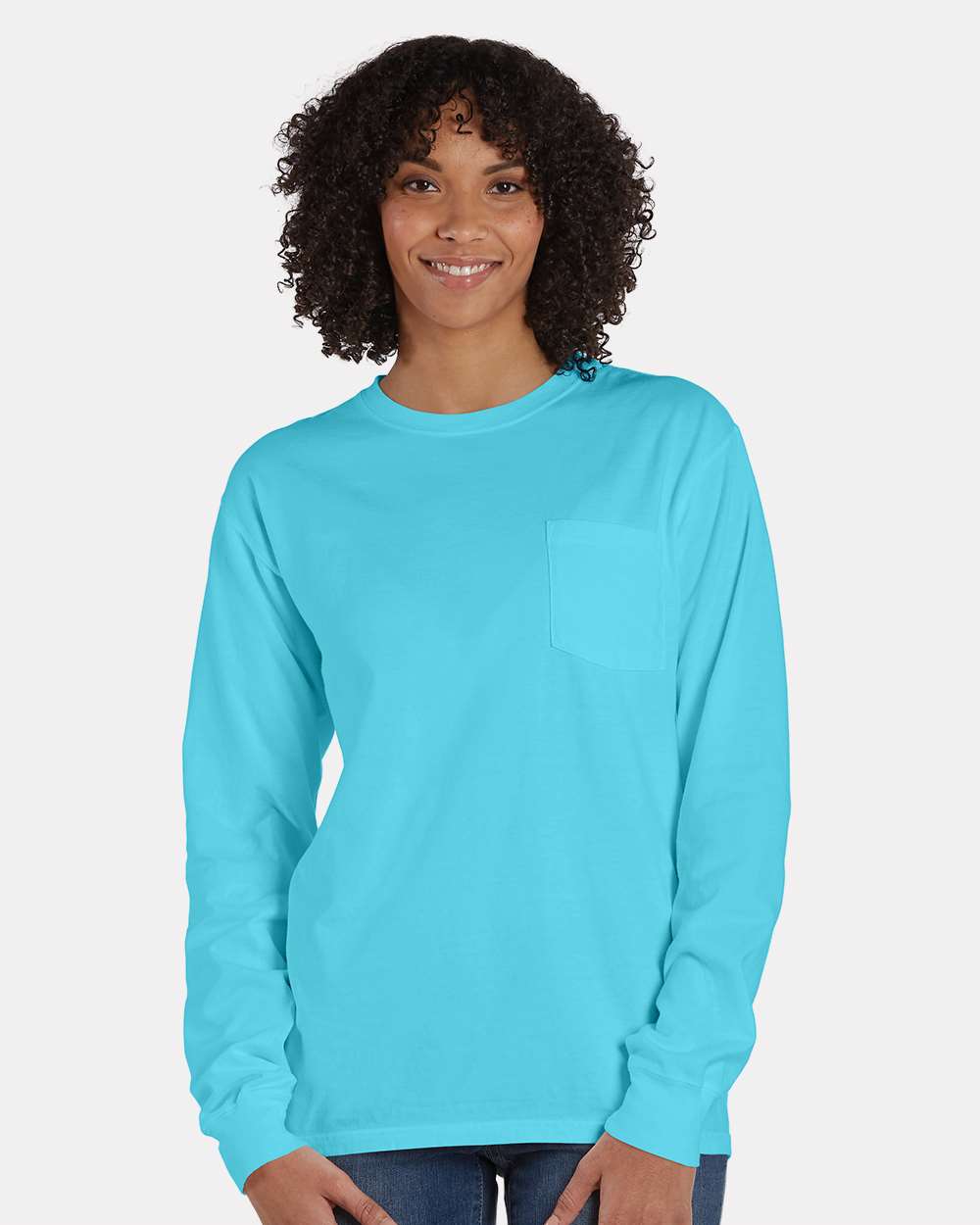 Unisex Garment-Dyed Long Sleeve T-Shirt With a Pocket - OnModelFront - B35400247 - Freshwater