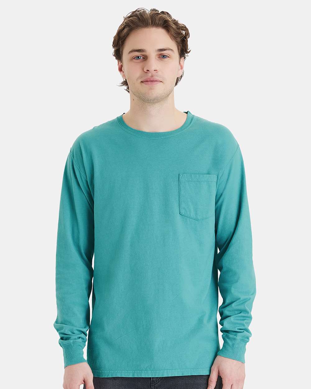 Unisex Garment-Dyed Long Sleeve T-Shirt With a Pocket - OnModelFront - B35400293 - Spanish Moss