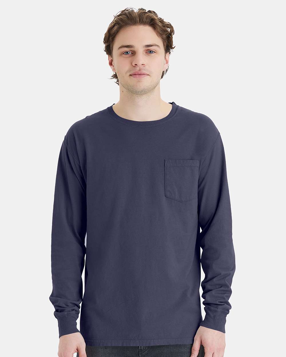 Unisex Garment-Dyed Long Sleeve T-Shirt With a Pocket - OnModelFront - B35400683 - Anchor Slate