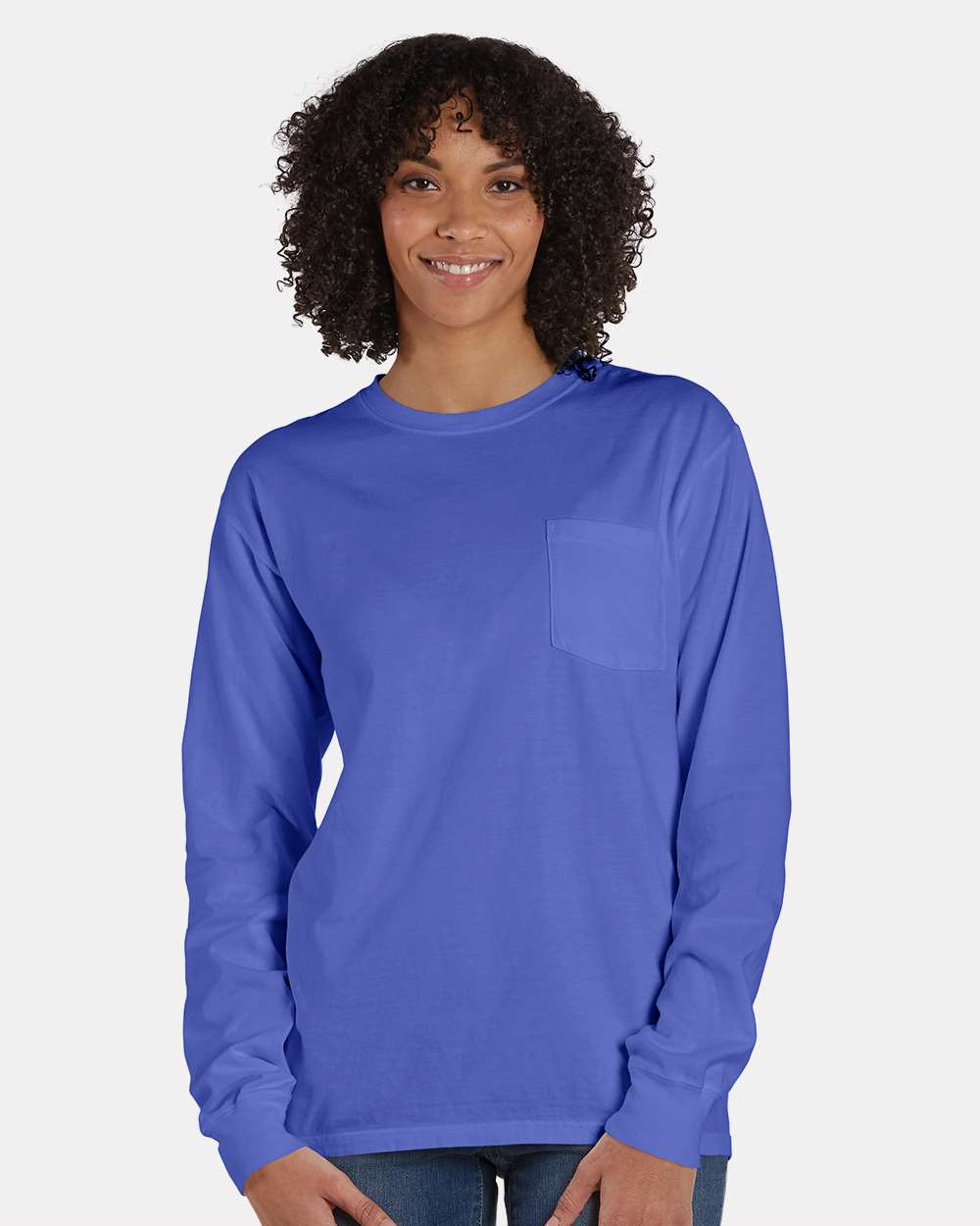 Unisex Garment-Dyed Long Sleeve T-Shirt With a Pocket - OnModelFront - B35400813 - Deep Forte Blue