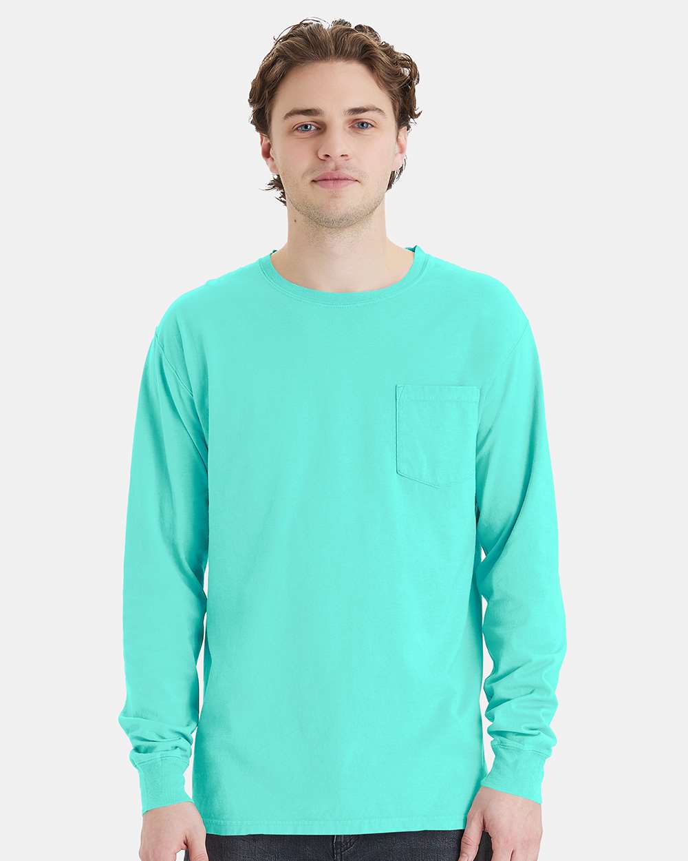 Unisex Garment-Dyed Long Sleeve T-Shirt With a Pocket - OnModelFront - B35400873 - Mint