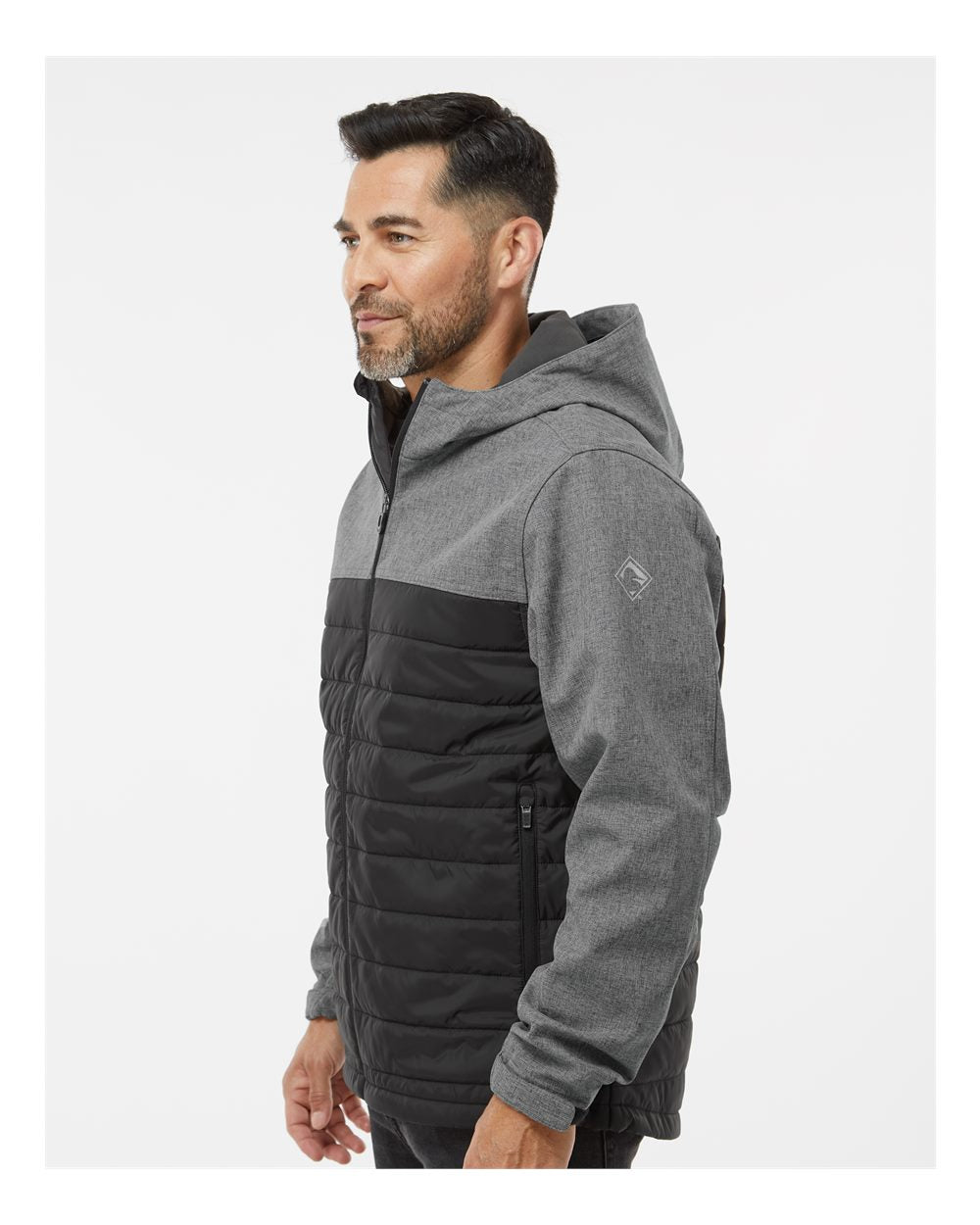 Men's Pinnacle Soft Shell Puffer Jacket - OnModelSide - B02167513 - Black Heather/ Black