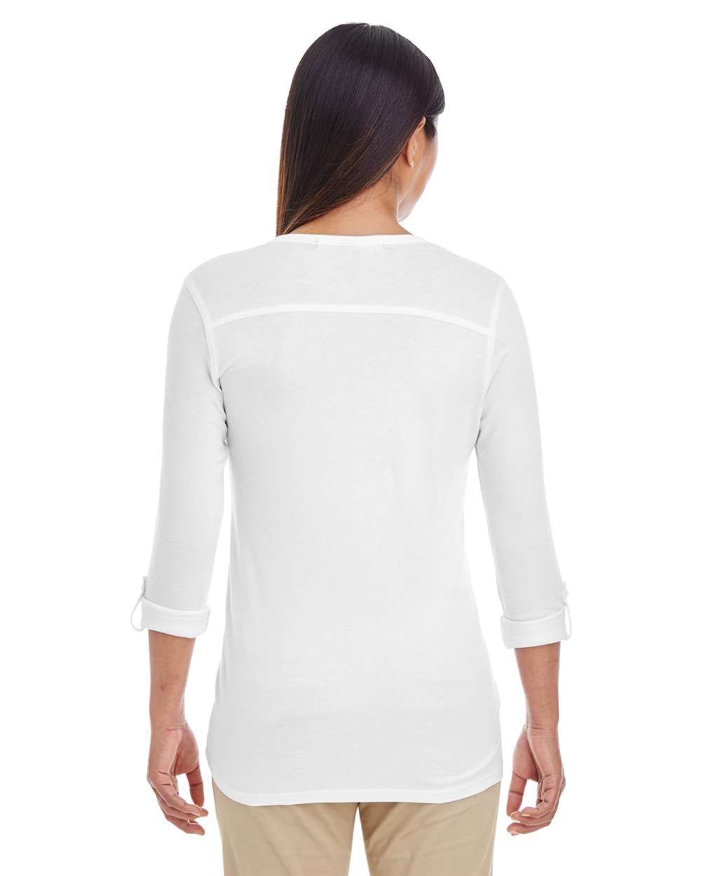 Women's Perfect Fit™ Y-Placket Convertible Sleeve Knit Top - OnModelBack - B723B2002 - White