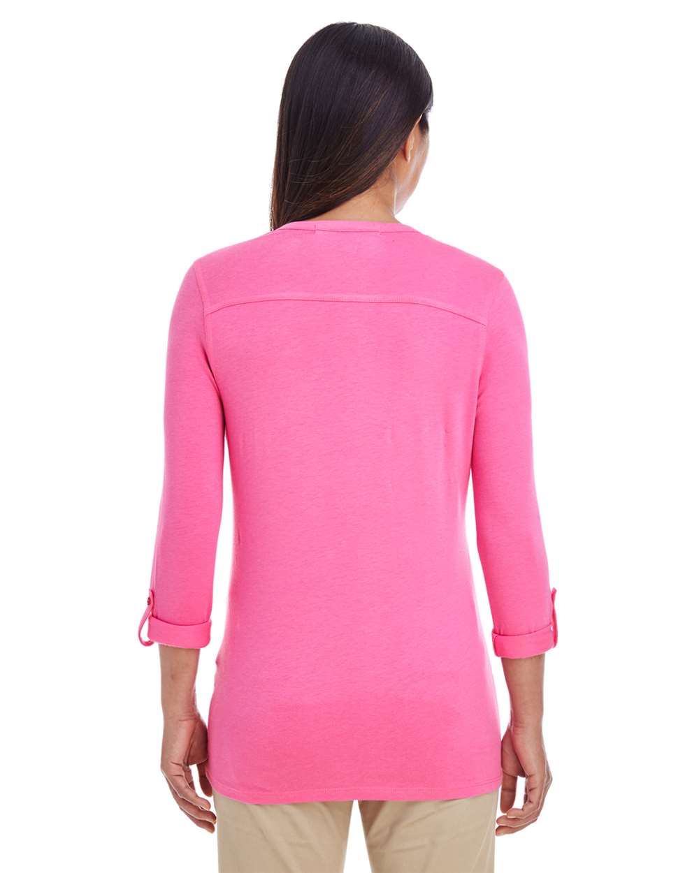 Women's Perfect Fit™ Y-Placket Convertible Sleeve Knit Top - OnModelBack - B723B2302 - Charity Pink