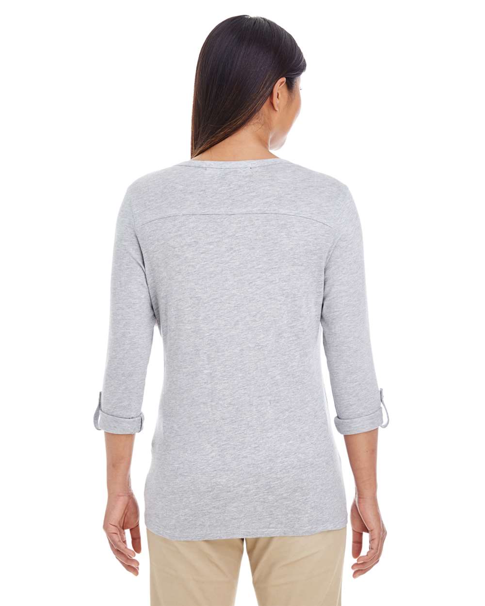 Women's Perfect Fit™ Y-Placket Convertible Sleeve Knit Top - OnModelBack - B723B2352 - Grey Heather