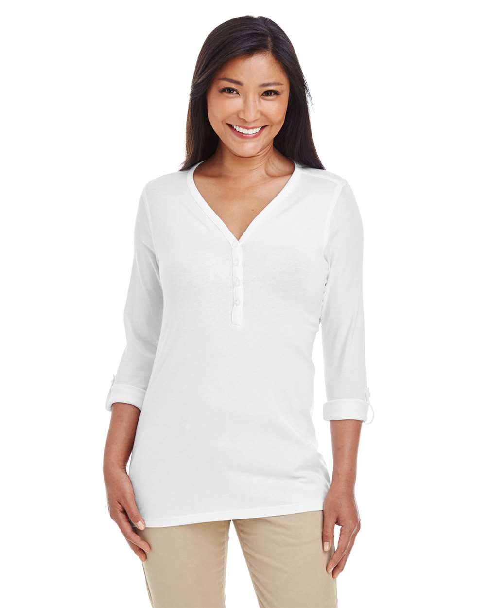 Women's Perfect Fit™ Y-Placket Convertible Sleeve Knit Top - OnModelFront - B723B2002 - White