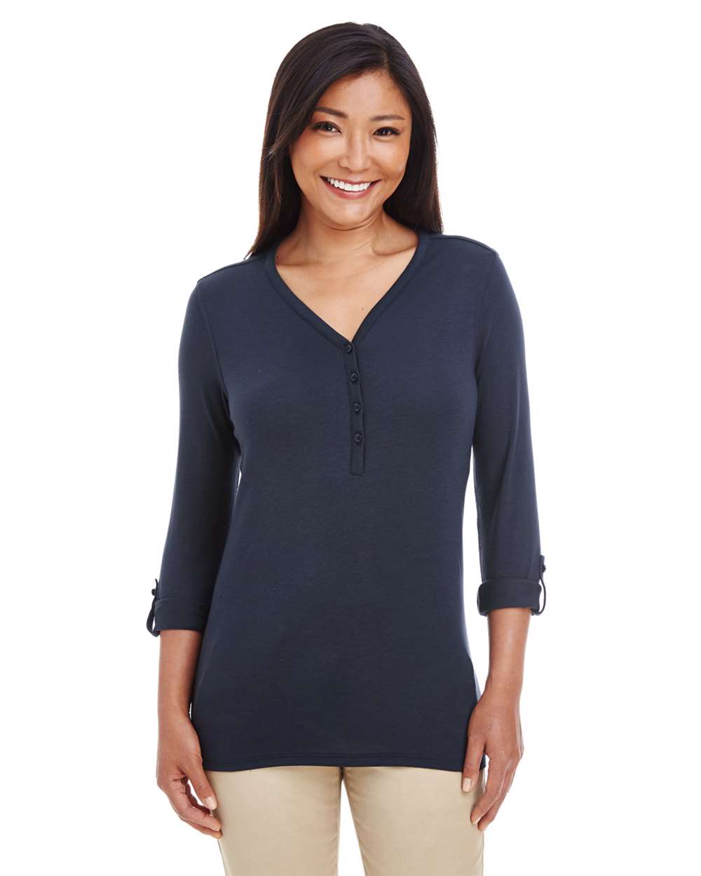 Women's Perfect Fit™ Y-Placket Convertible Sleeve Knit Top - OnModelFront - B723B2652 - Navy