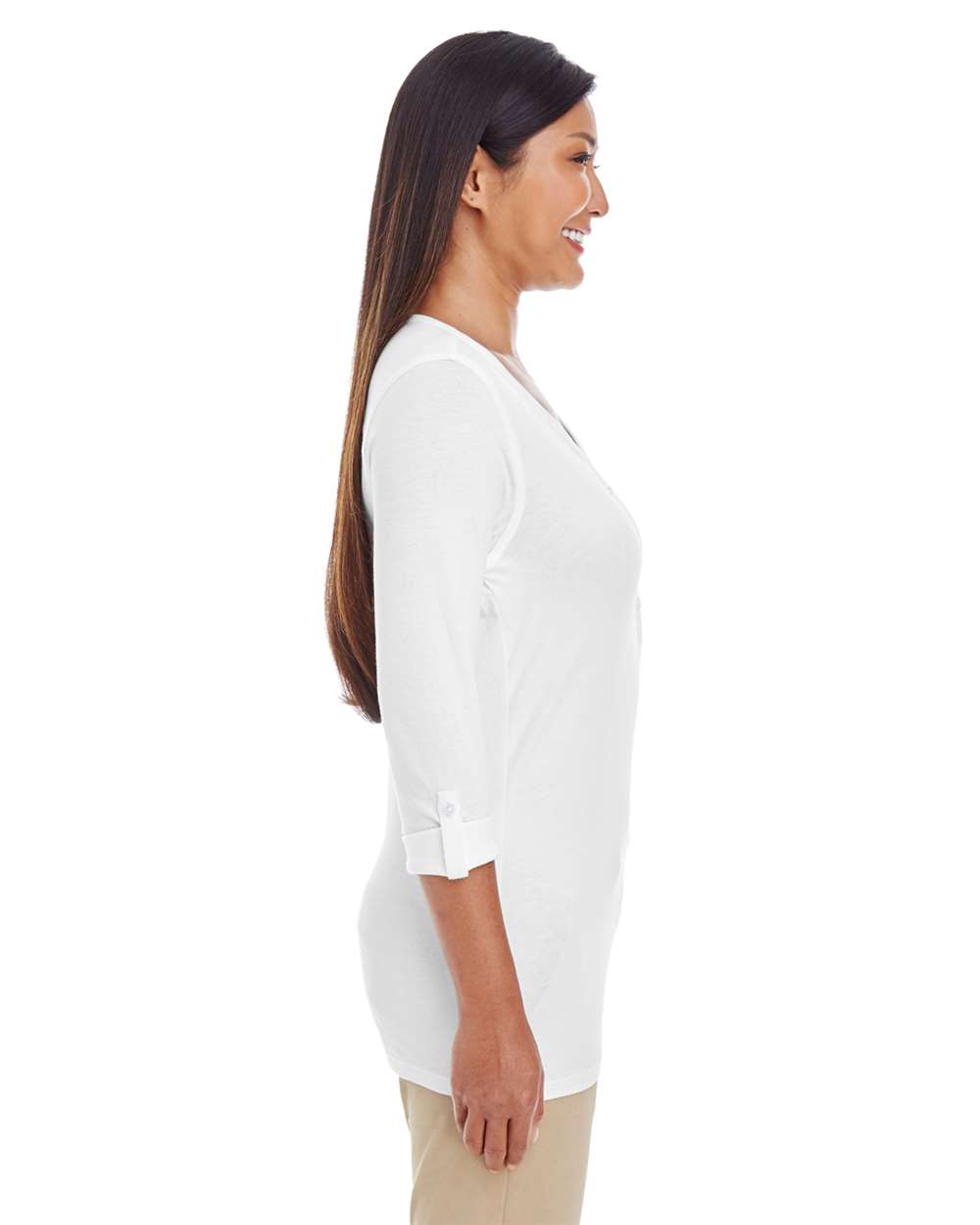 Women's Perfect Fit™ Y-Placket Convertible Sleeve Knit Top - OnModelSide - B723B2002 - White