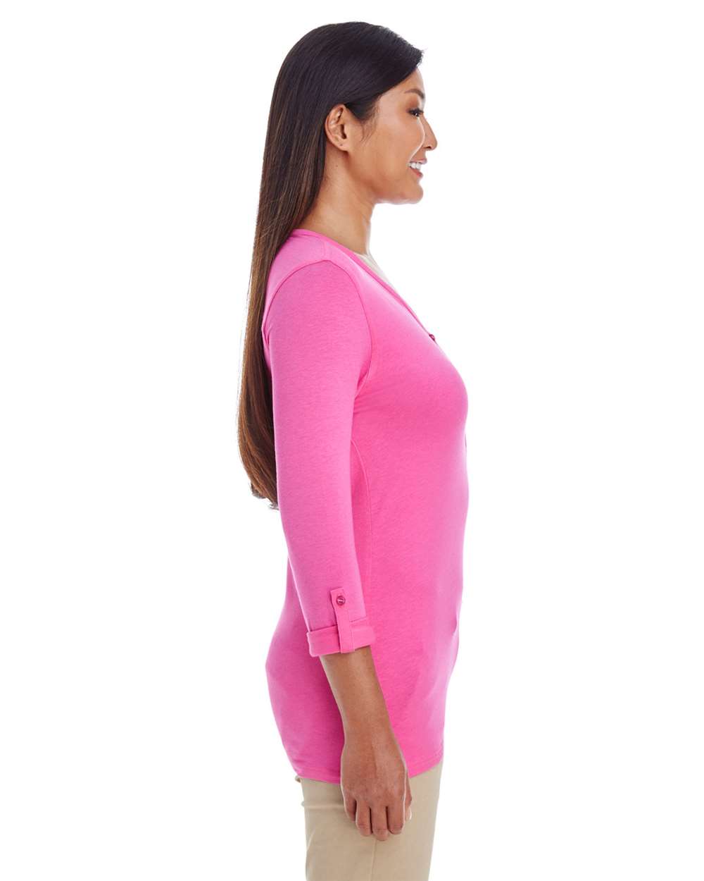 Women's Perfect Fit™ Y-Placket Convertible Sleeve Knit Top - OnModelSide - B723B2302 - Charity Pink