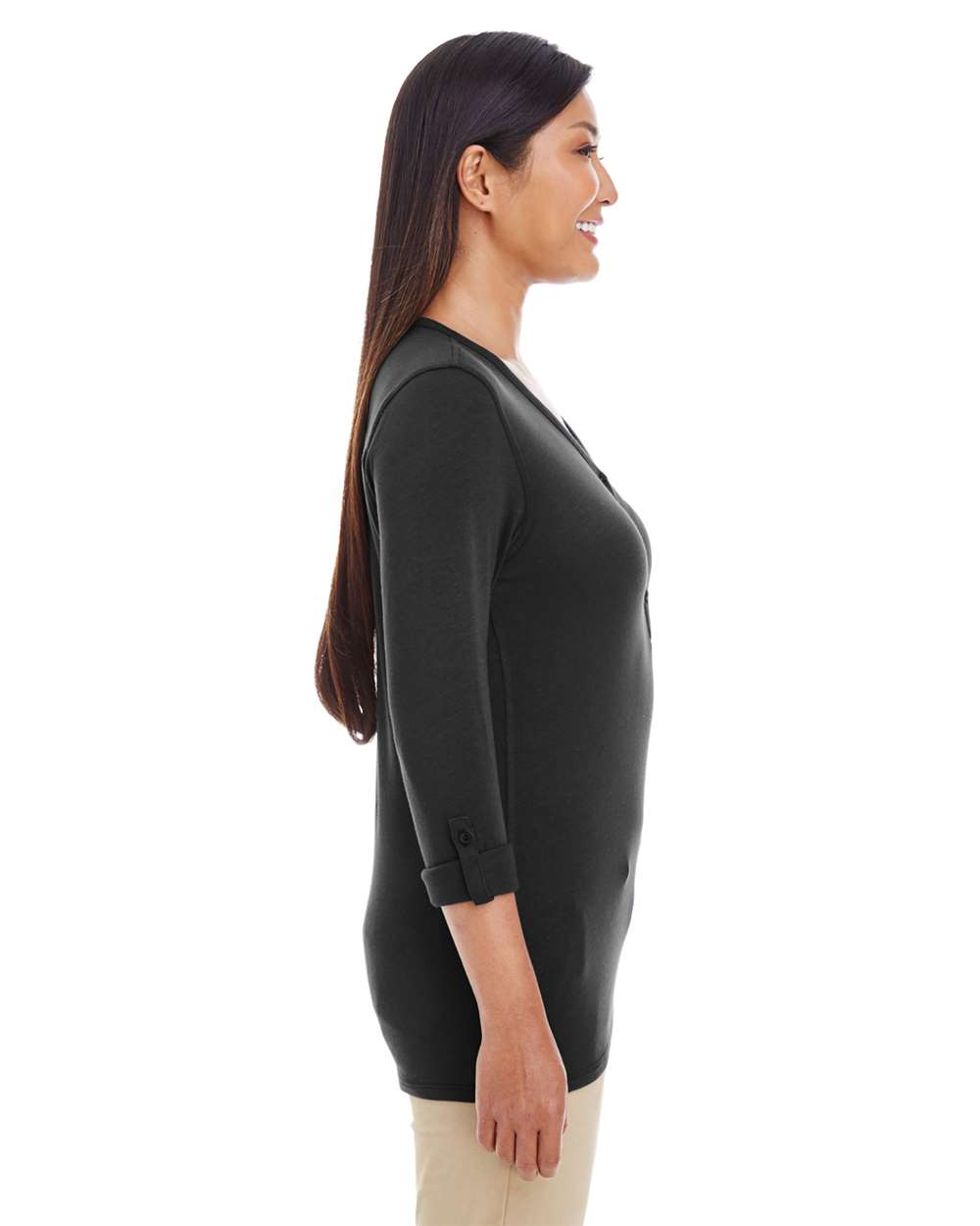 Women's Perfect Fit™ Y-Placket Convertible Sleeve Knit Top - OnModelSide - B723B2502 - Black