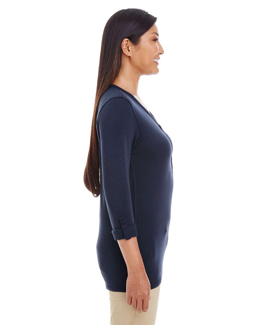 Women's Perfect Fit™ Y-Placket Convertible Sleeve Knit Top - OnModelSide - B723B2652 - Navy