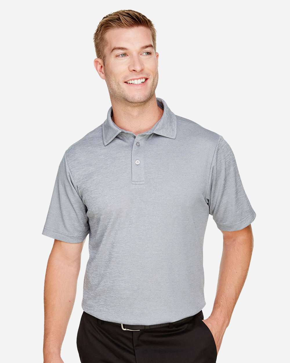 Men's CrownLux Performance® Address Mélange Polo - OnModelFront - B645B2353 - Grey Heather