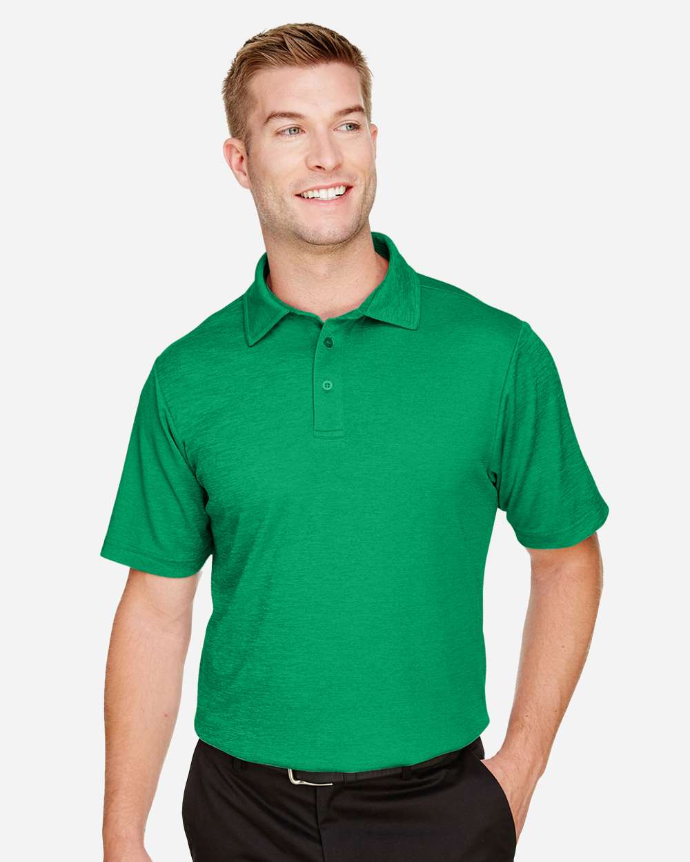 Men's CrownLux Performance® Address Mélange Polo - OnModelFront - B645B2603 - Kelly Green Heather