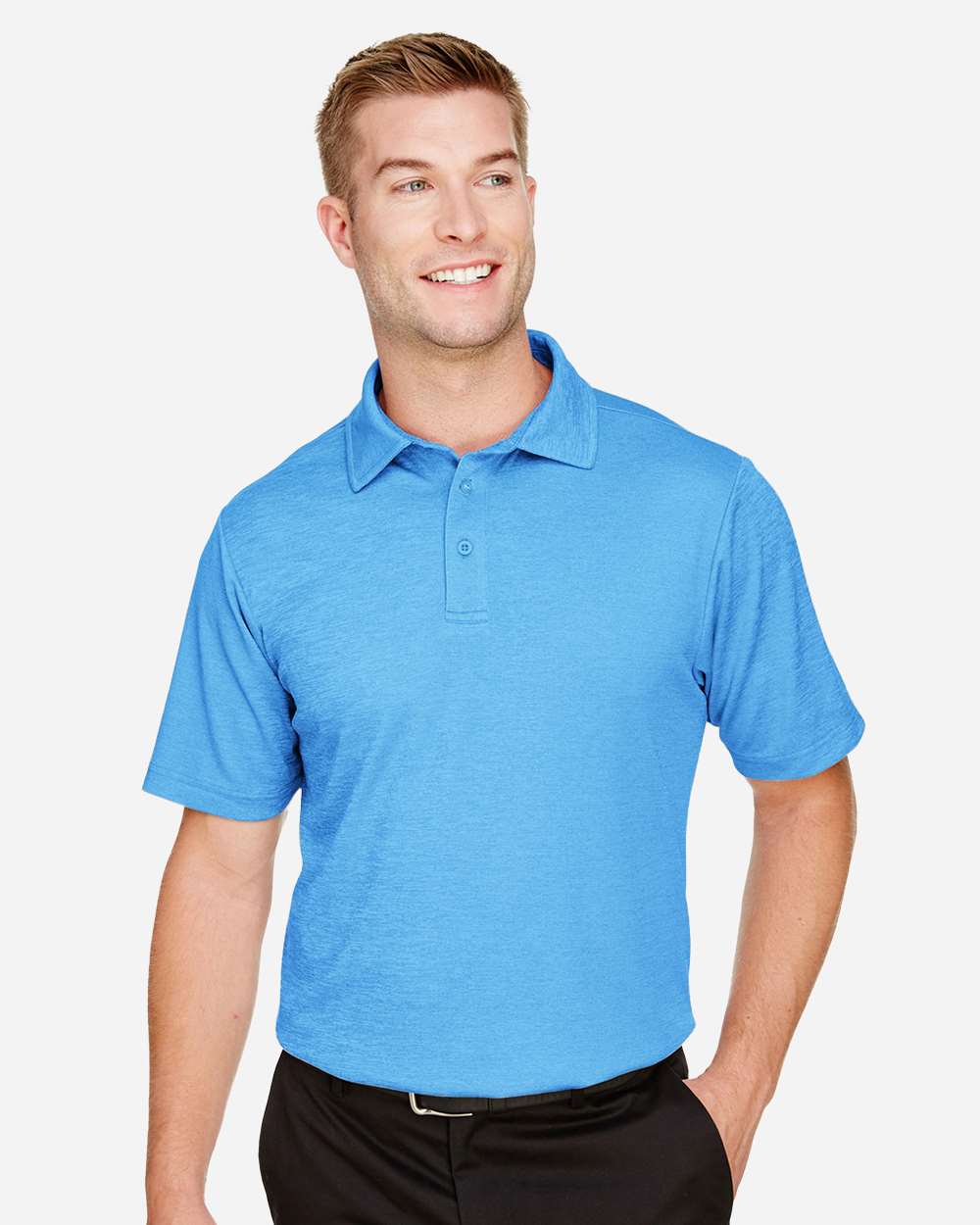 Men's CrownLux Performance® Address Mélange Polo - OnModelFront - B645B2683 - Ocean Blue Heather