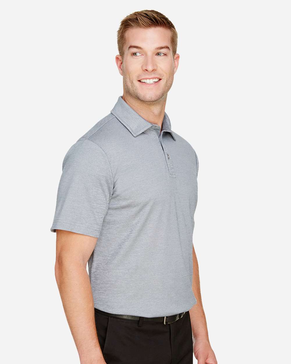 Men's CrownLux Performance® Address Mélange Polo - OnModelSide - B645B2353 - Grey Heather
