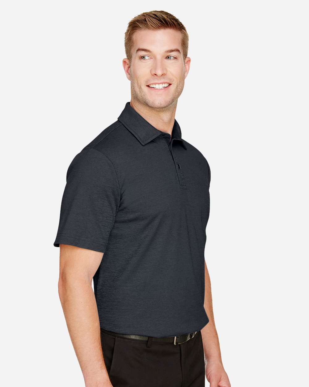 Men's CrownLux Performance® Address Mélange Polo - OnModelSide - B645B2503 - Black Heather