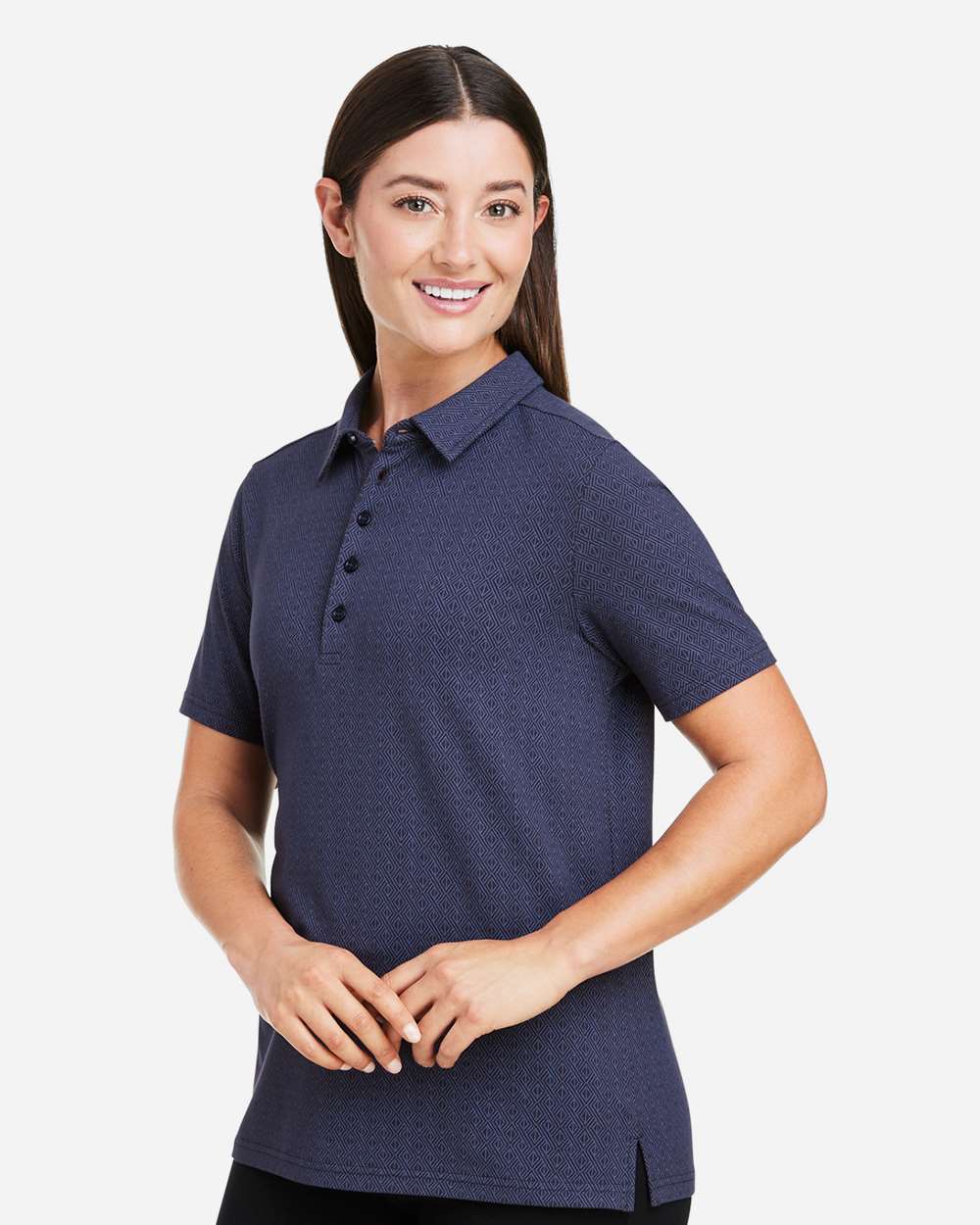 Women's Crownlux Performance® Geo Polo - OnModelSide - B621B2652 - Navy/ French Blue