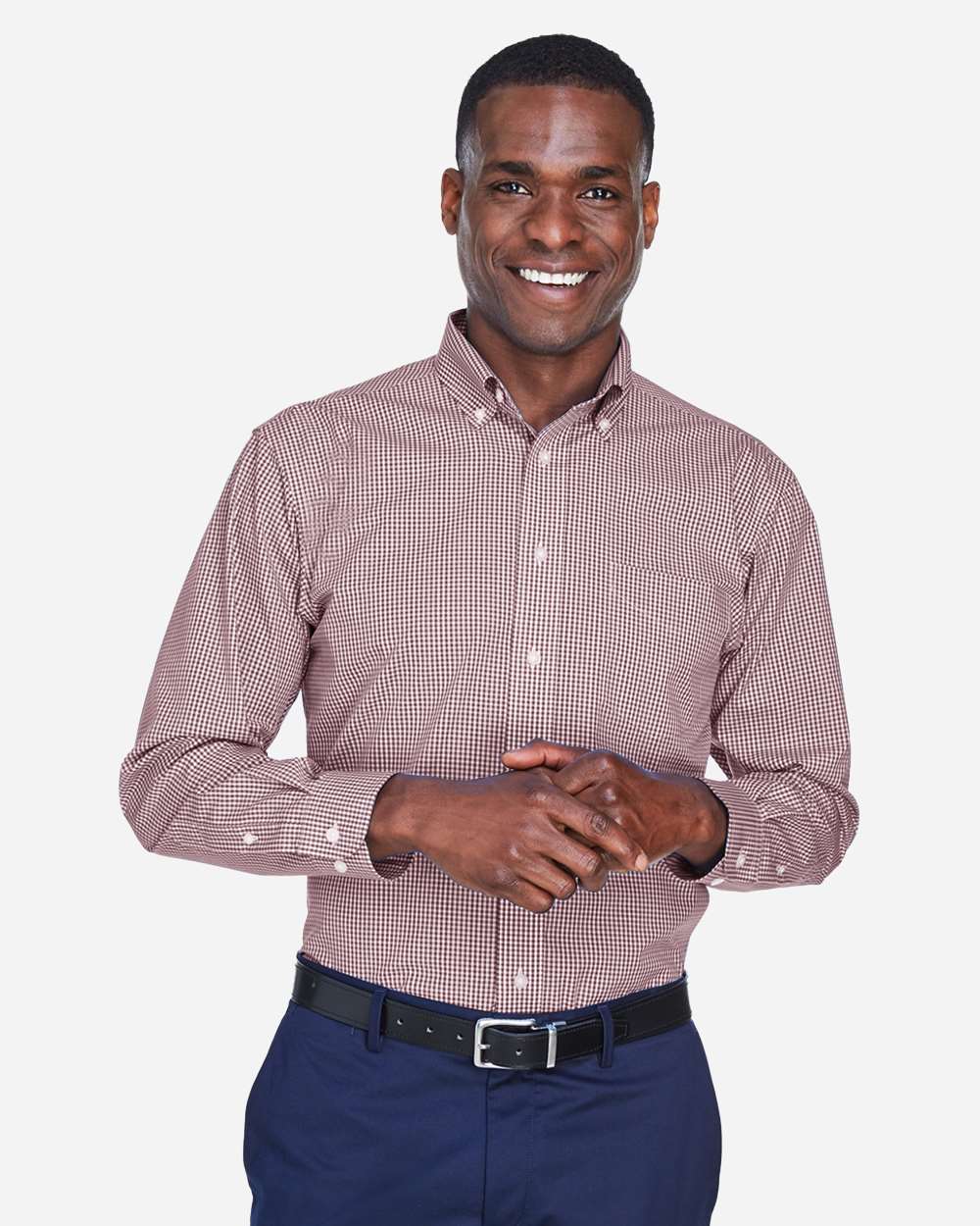 Men's Crown Collection® Gingham Check Woven Dress Shirt - OnModelFront - B604B2323 - Burgundy