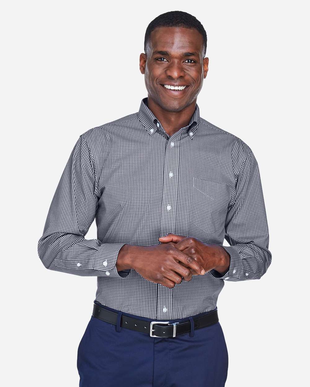 Men's Crown Collection® Gingham Check Woven Dress Shirt - OnModelFront - B604B2653 - Navy