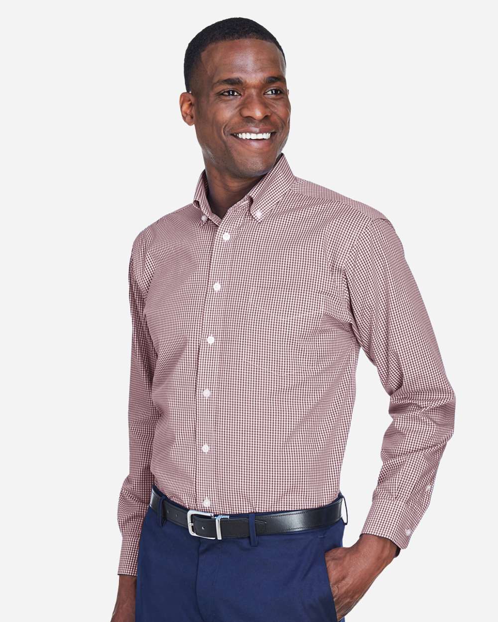 Men's Crown Collection® Gingham Check Woven Dress Shirt - OnModelSide - B604B2323 - Burgundy