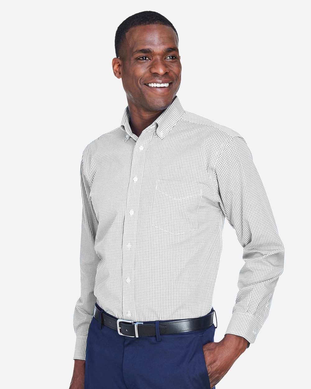 Men's Crown Collection® Gingham Check Woven Dress Shirt - OnModelSide - B604B2353 - Silver