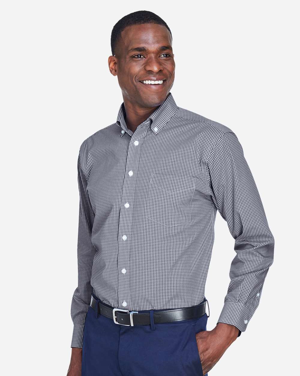 Men's Crown Collection® Gingham Check Woven Dress Shirt - OnModelSide - B604B2653 - Navy