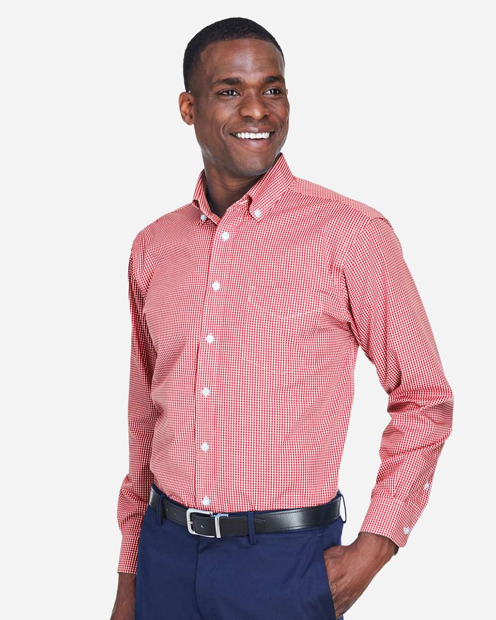 Men's Crown Collection® Gingham Check Woven Dress Shirt - OnModelSide - B604B2703 - Red