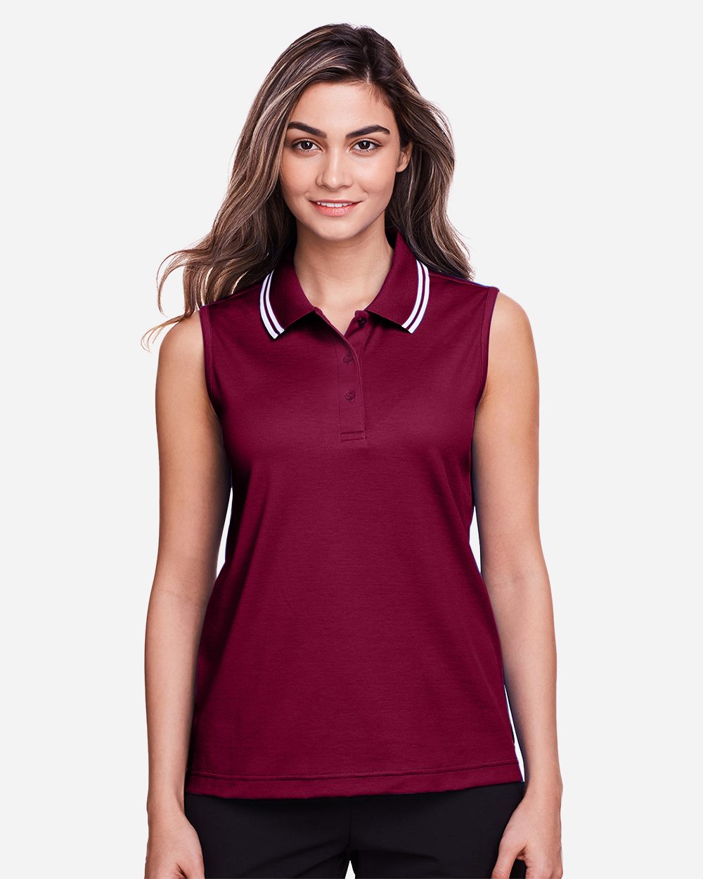 Women's CrownLux Performance® Plaited Tipped Sleeveless Polo - styleImage