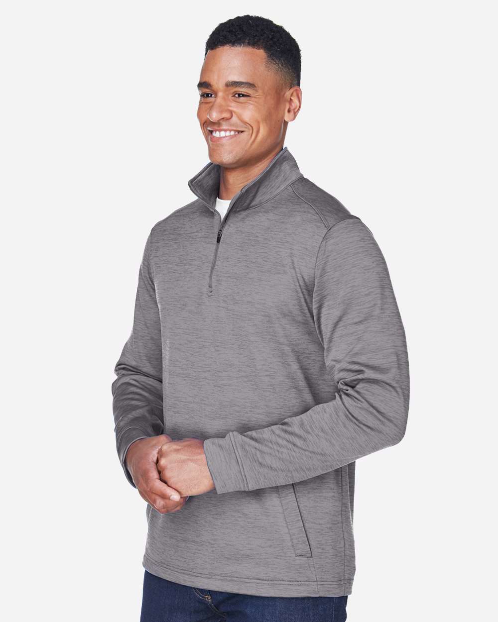 Men's Newbury Mélange Fleece Quarter-Zip Pullover - OnModelSide - B714B2353 - Dark Grey Heather