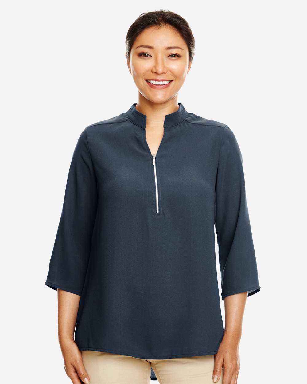 Women's Perfect Fit™ Three-Quarter Sleeve Crepe Tunic - OnModelFront - B729B2652 - Navy
