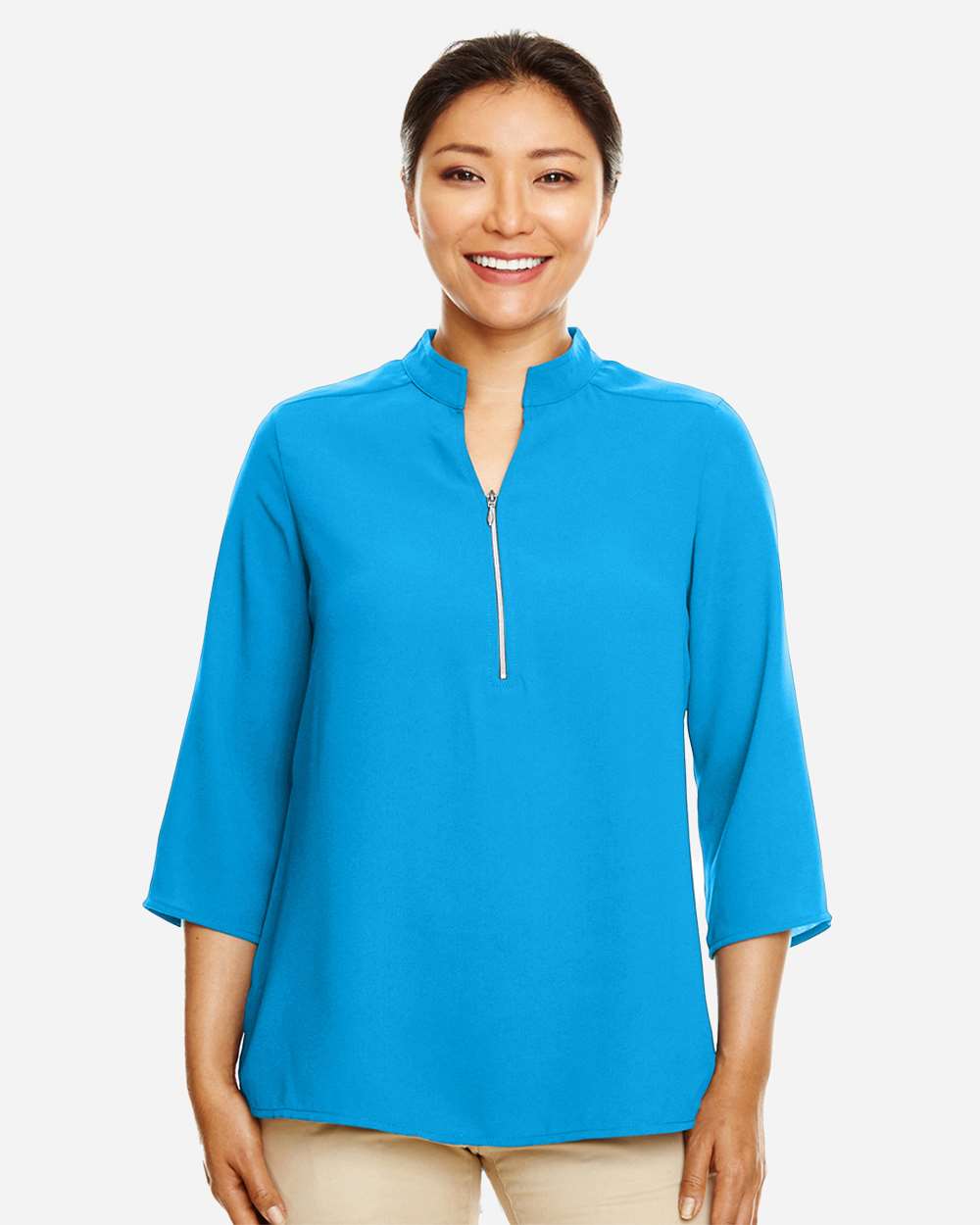 Women's Perfect Fit™ Three-Quarter Sleeve Crepe Tunic - OnModelFront - B729B2682 - Ocean Blue
