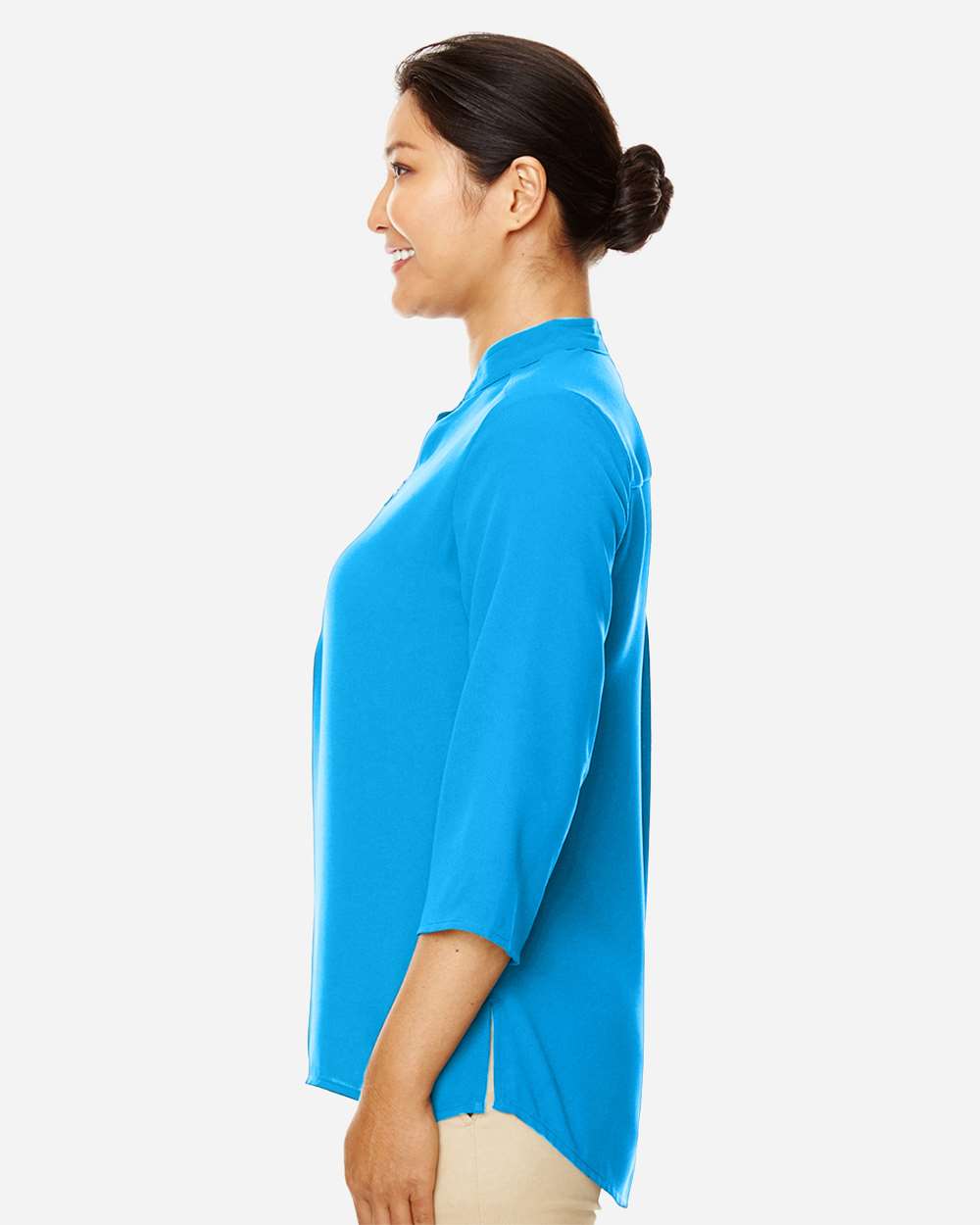 Women's Perfect Fit™ Three-Quarter Sleeve Crepe Tunic - OnModelSide - B729B2682 - Ocean Blue