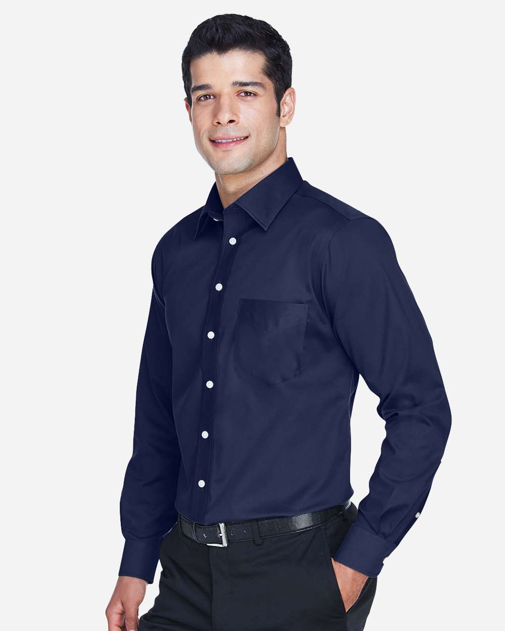 Men's Tall Crown Collection® Solid Stretch Twill Woven Dress Shirt - OnModelSide - B675B2656 - Navy