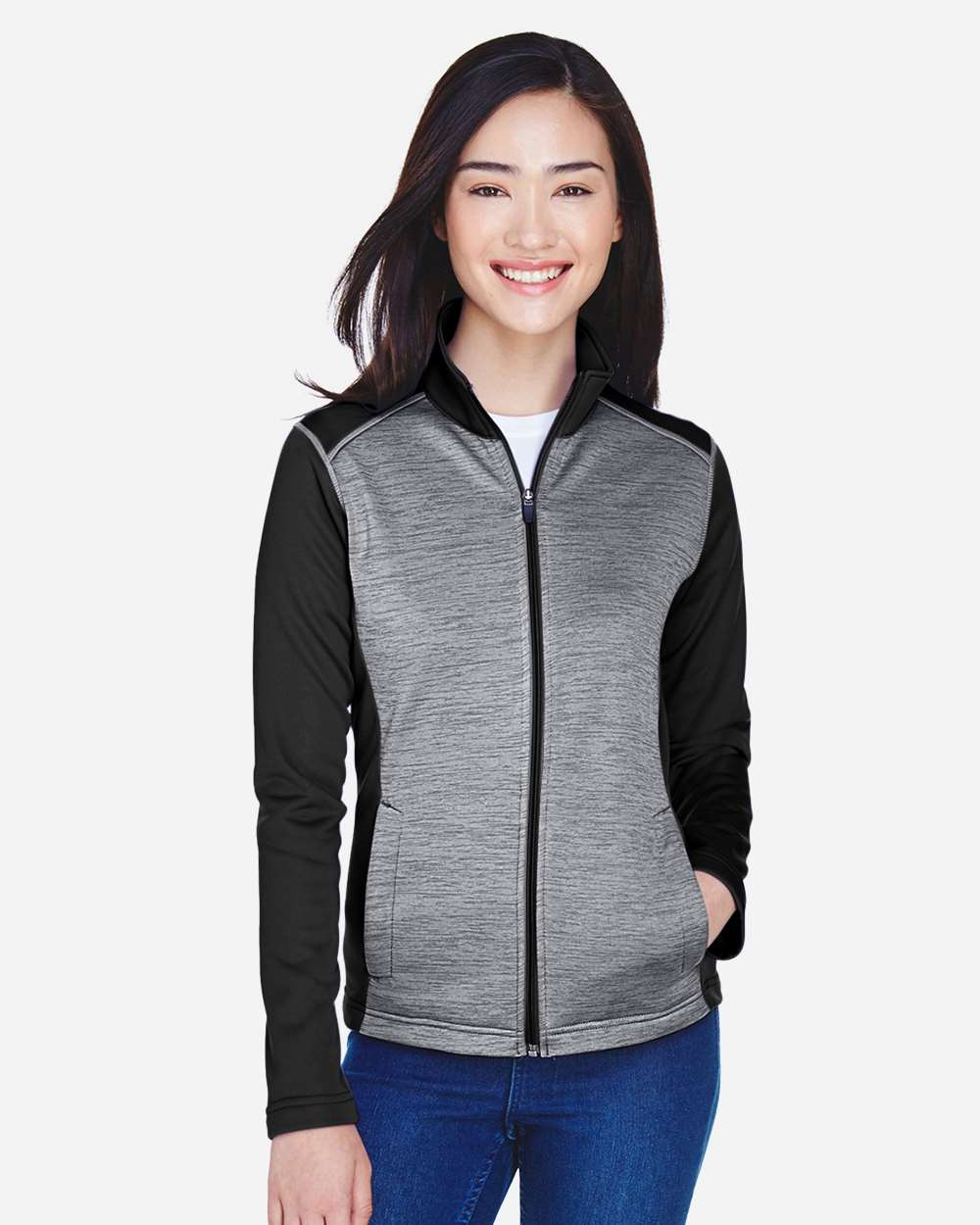 Women's Newbury Colorblock Mélange Fleece Full-Zip Jacket - OnModelFront - B713B2502 - Black Heather/ Dark Grey Heather