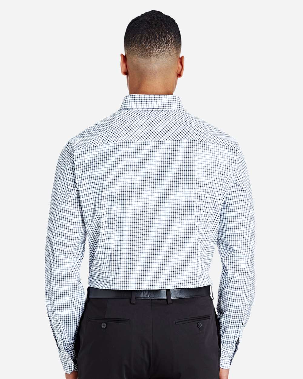 Men's CrownLux Performance® Micro Windowpane Woven Dress Shirt - OnModelBack - B687B2653 - Navy/ White